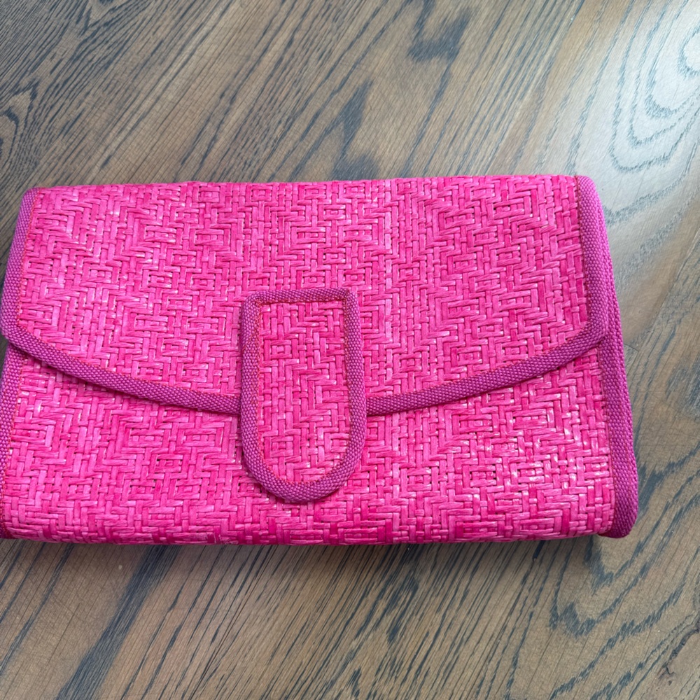 New Pink Woven Clutch, perfect for summer outfits!